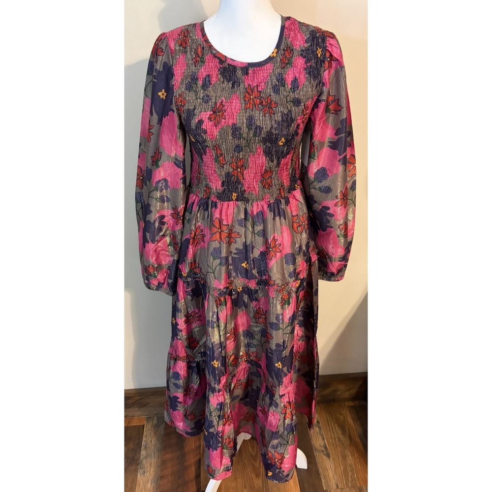 MudPie Floral Smocked Midi Dress Women's NWT Long Sleeve Tiered Fall Boho Sz L